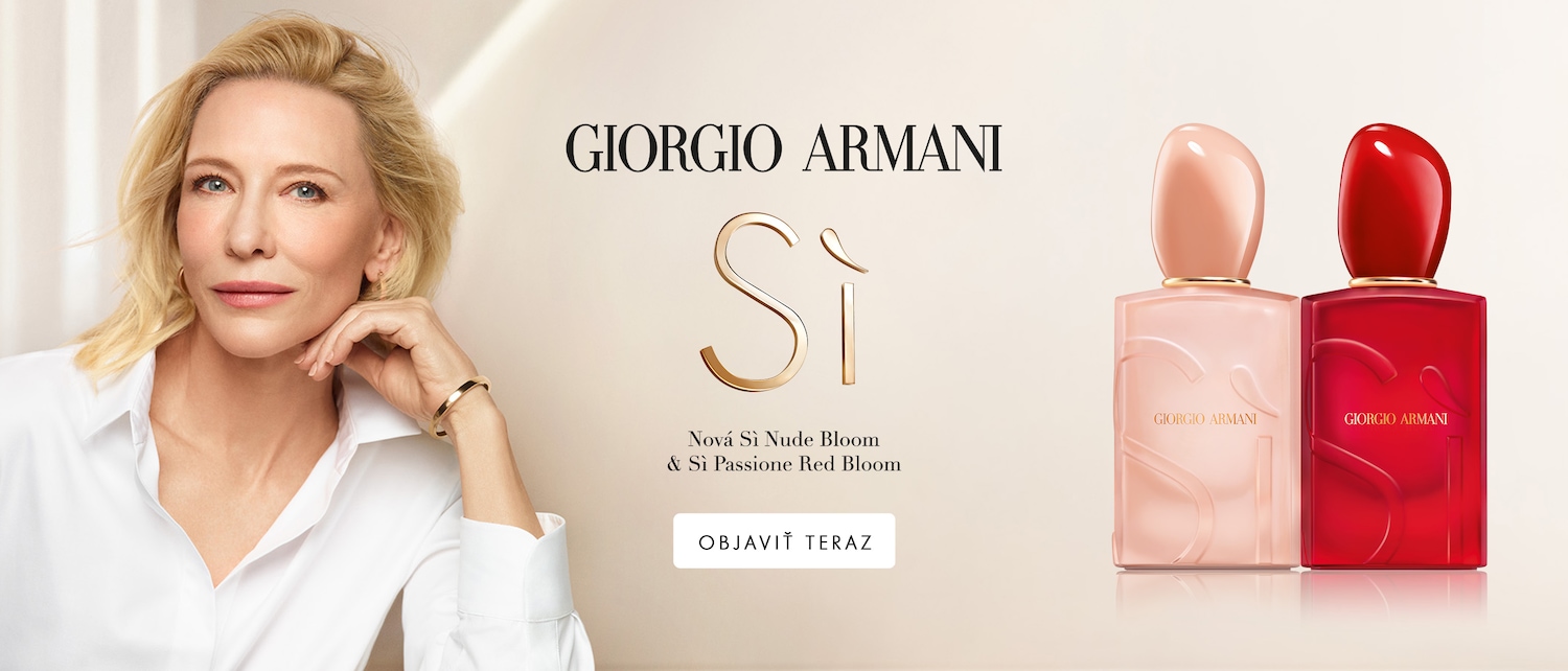 Here's an ad featuring Giorgio Armani's Sì Nude Bloom and Sì Passione Red Bloom perfumes, presented in elegant, minimalist bottles, alongside a call to action: Objavit Teraz.