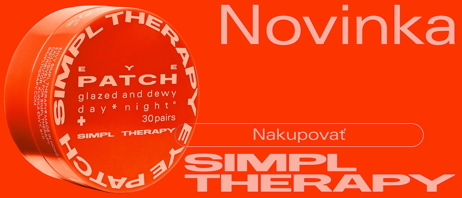 Oranžové balenie očných náplastí Simpl Therapy s nápisom "glazed and dewy day & night", 30 párov, vedľa nápisu "Novinka", a tlačidlom "Nakupovať".