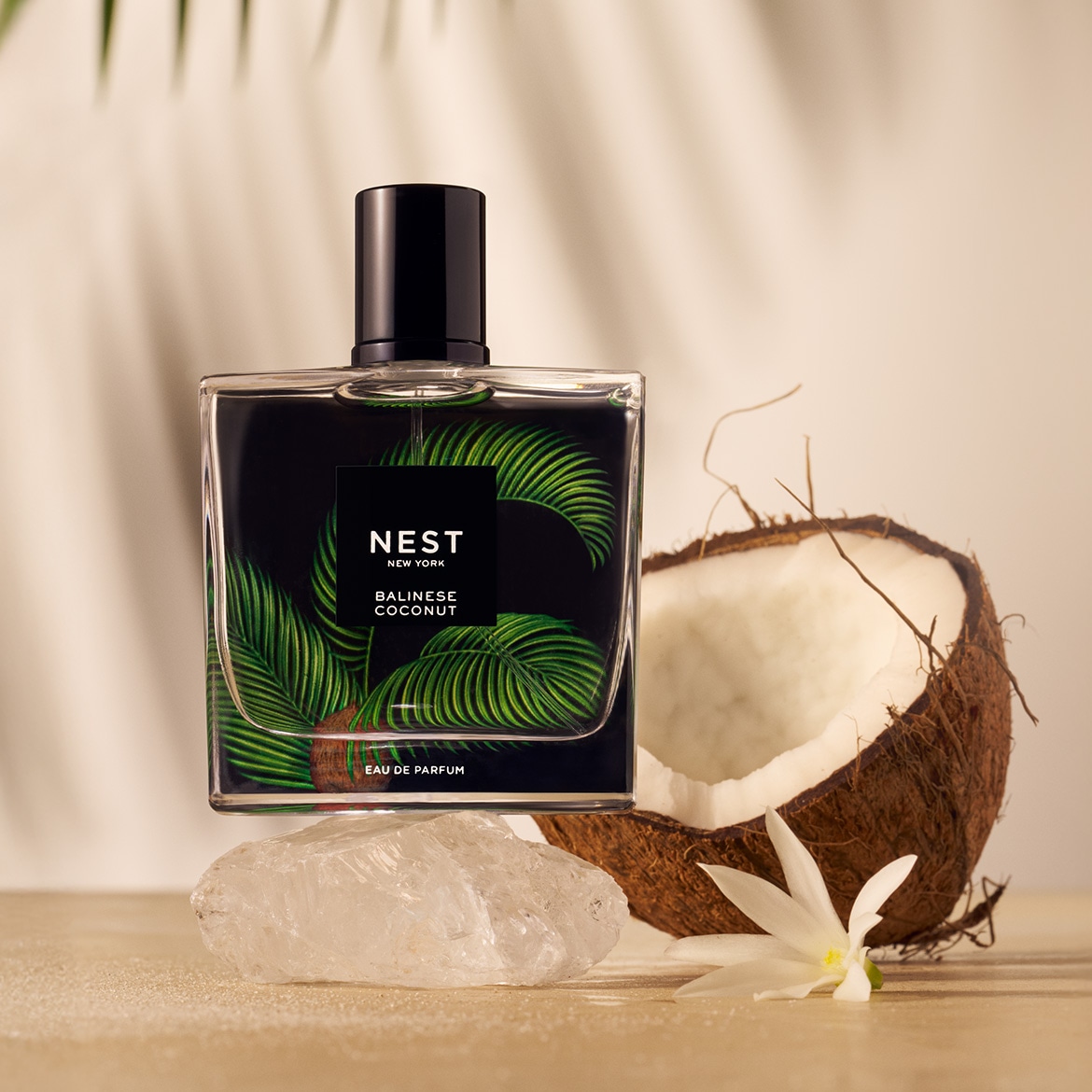 NEST New York Balinese Coconut Eau de Parfum v priehľadnej fľaši s čiernym uzáverom, zdobená zelenými listami kokosovej palmy, stojí vedľa rozpoleného kokosu a bieleho kvetu.