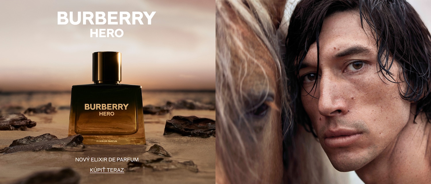 Burberry Hero Elixir de Parfum v čiernom a zlatom flakóne na pláži, vedľa tváre muža a koňa, nový elixír de parfum, nakupujte teraz.