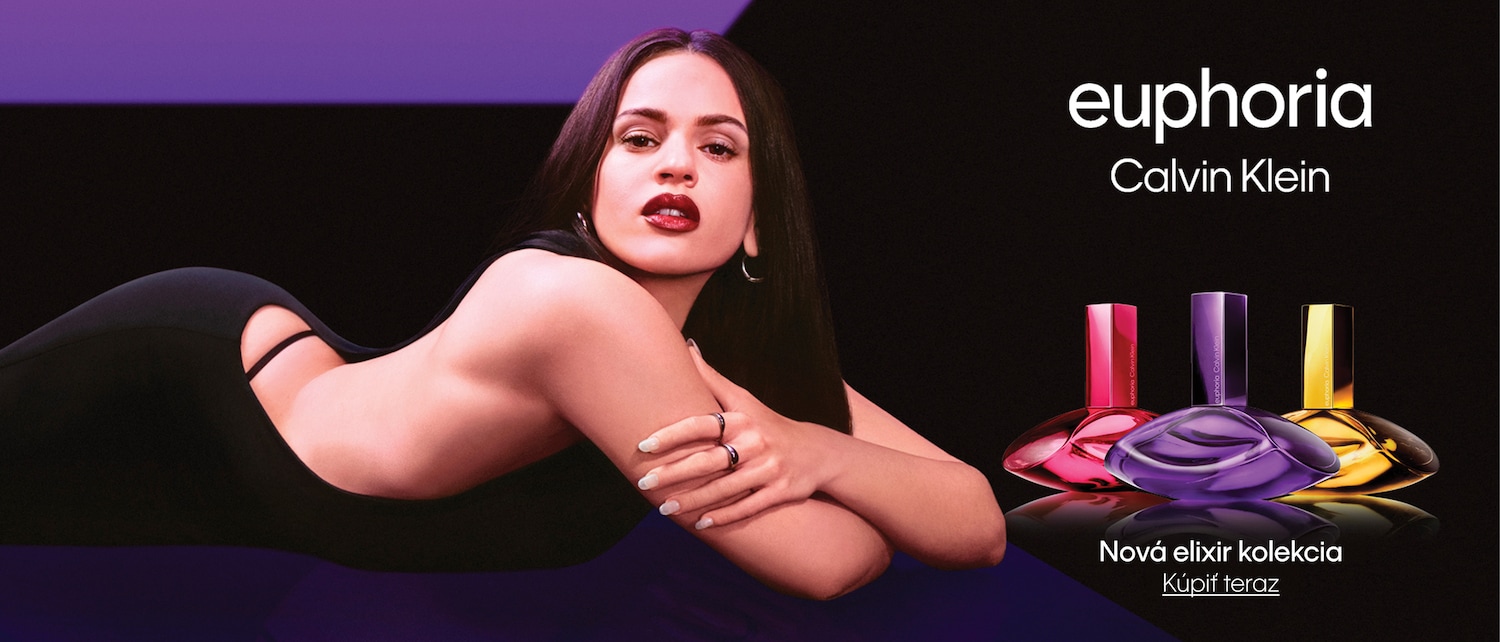Experience the new Euphoria Elixir collection by Calvin Klein, featuring perfume bottles in pink, purple and gold, lying next to a woman with dark hair and red lipstick, inviting you to shop now.