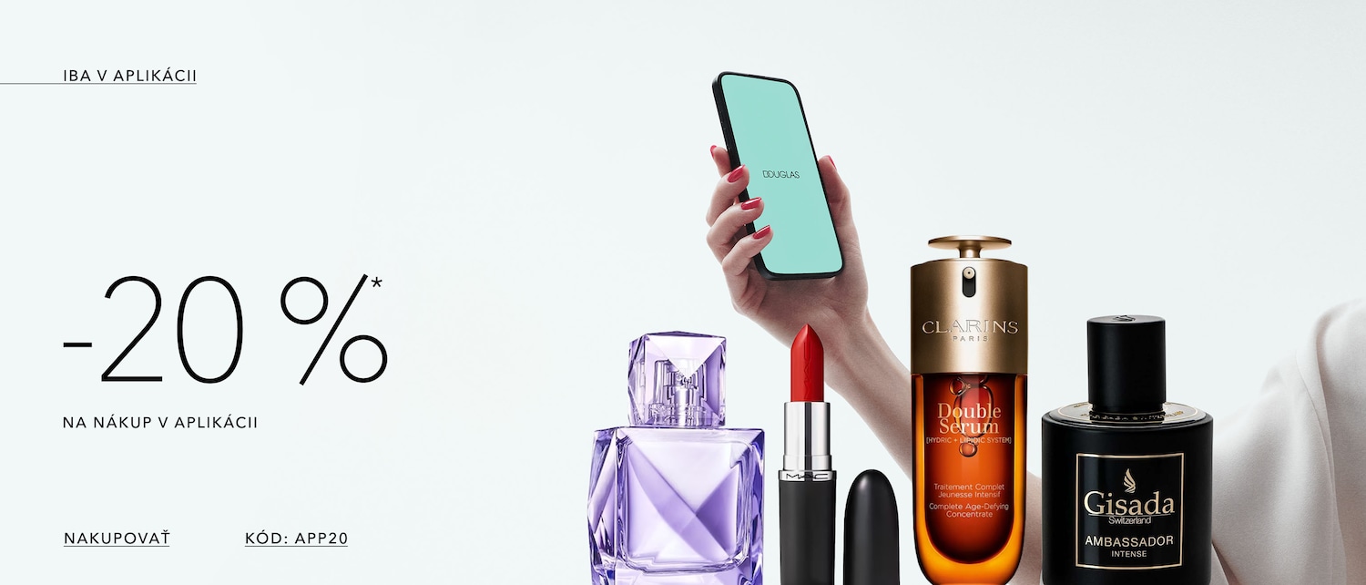 Enjoy -20% off on your purchase in the app, featuring a hand holding a phone with the Douglas app open, alongside perfumes and a red lipstick.