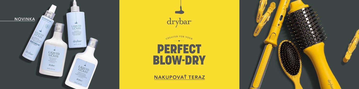 Objavte Drybar Liquid Glass, rad produktov v svetlomodrom a bielom balení, vrátane šampónu, kondicionéru a zázračného tmelu, ktoré sľubujú dokonalý lesk.