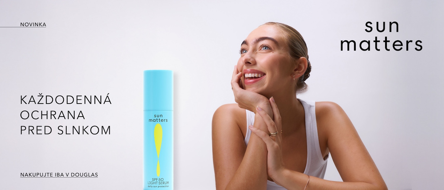 Sun Matters SPF 50 Light Serum in a blue bottle with a yellow design, promising daily sun protection, next to a smiling woman, available at Douglas.