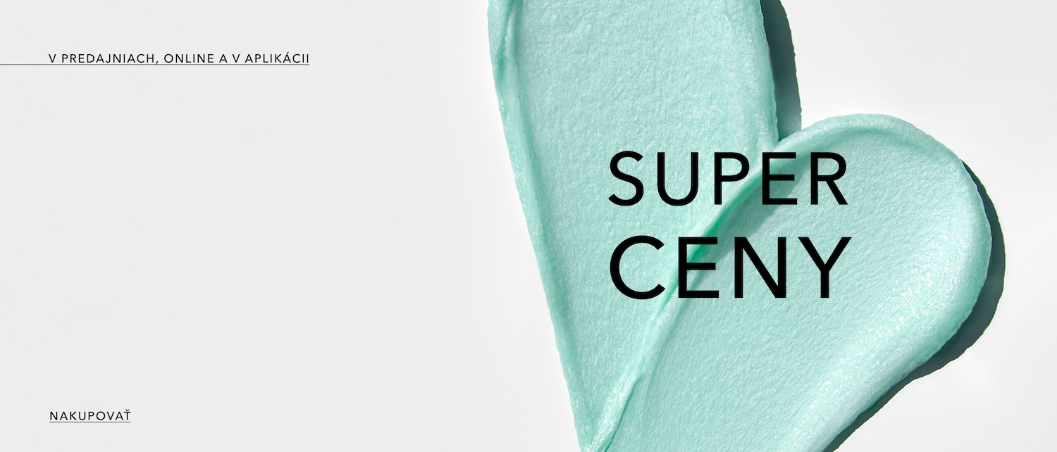 Svetlomodrý krém s nápisom SUPER CENY, ktorý je k dispozícii v predajniach, online a v aplikácii, takže si ho môžete kúpiť.