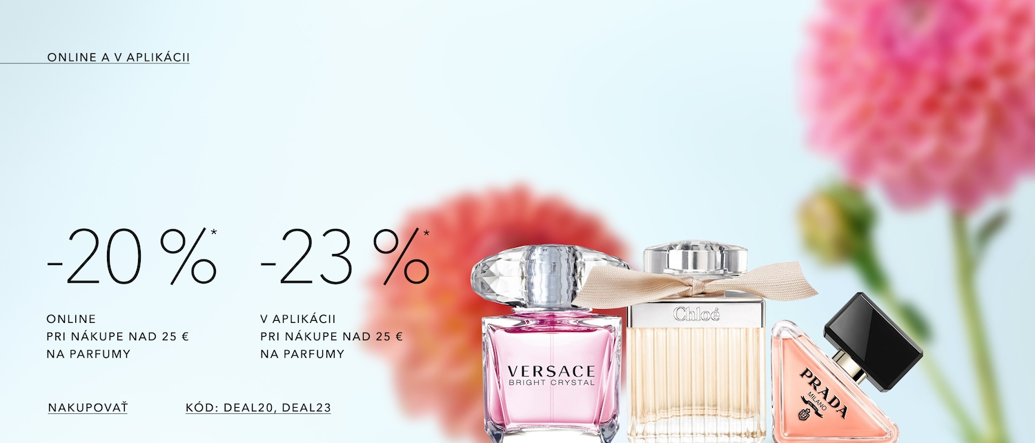 Objavte online a v aplikácii zľavy -20% a -23% na parfémy pri nákupe nad 25 € s kódom DEAL20 a DEAL23, spolu s Versace Bright Crystal, Chloé a Prada Milano.