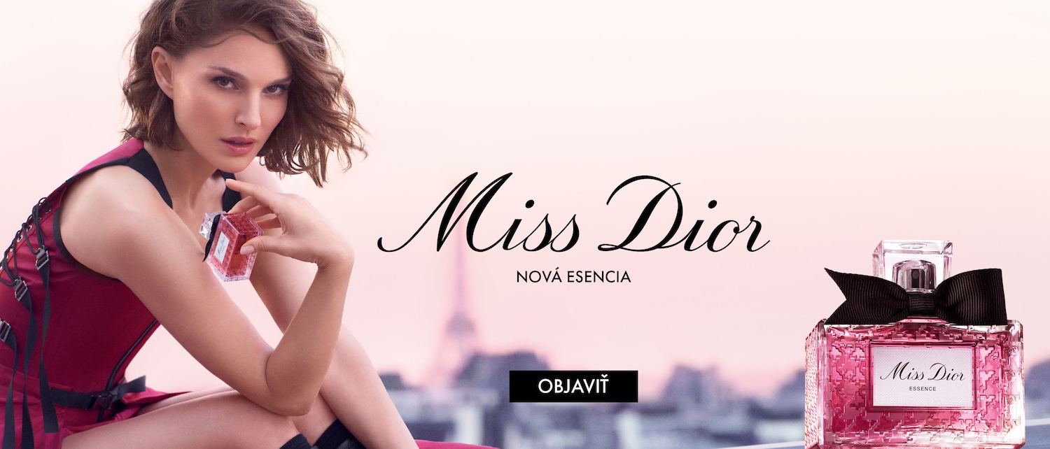 Here is an ad for Miss Dior perfume, featuring a woman in a red dress holding a small bottle, with a larger bottle displayed next to the text "Miss Dior Nová Esencia", click here to discover.