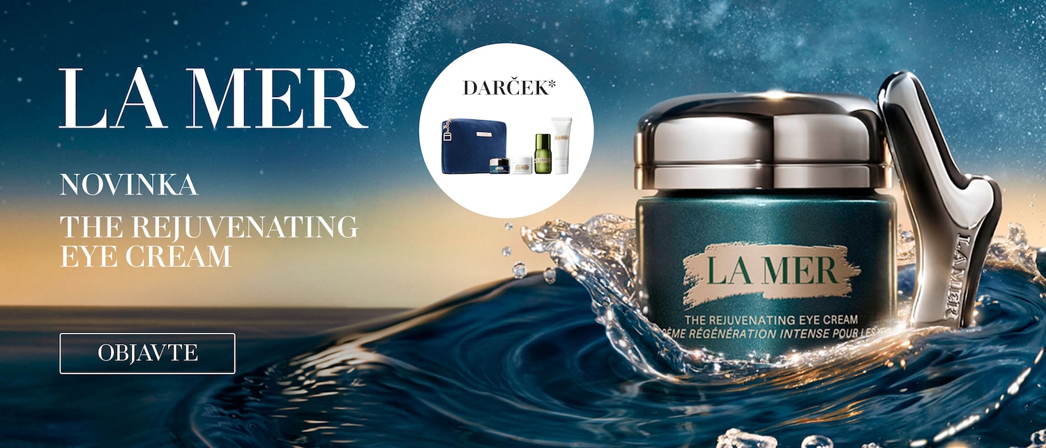 Objavte nový omladzujúci očný krém LA MER v tyrkysovom balení so strieborným vrchnákom a aplikátorom, ktorý sľubuje intenzívnu regeneráciu pre očné okolie.