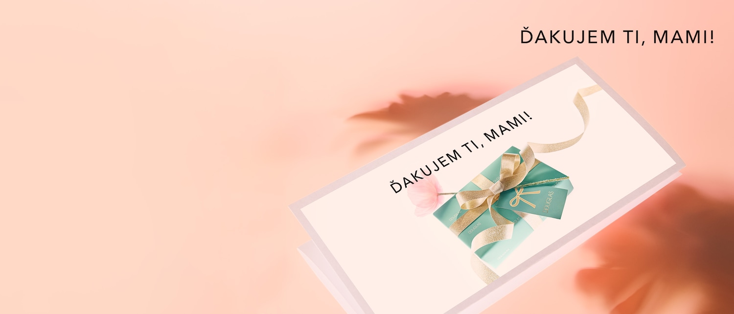 Na svetloružovom pozadí je zobrazená karta s nápisom ĎAKUJEM TI, MAMI! a darček Douglas zabalený v tyrkysovom papieri a previazaný zlatou stuhou.