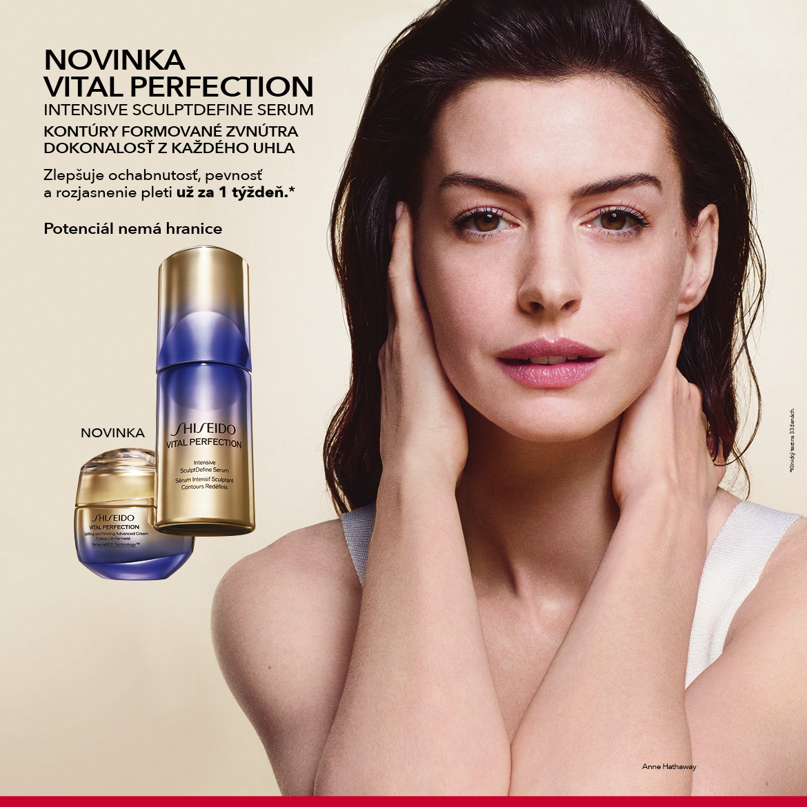 Objavte NOVINKU VITAL PERFECTION Intensive SculptDefine Serum a krém, ktoré zlepšujú ochabnutosť, pevnosť a rozjasnenie pleti už za 1 týždeň, s Anne Hathaway.