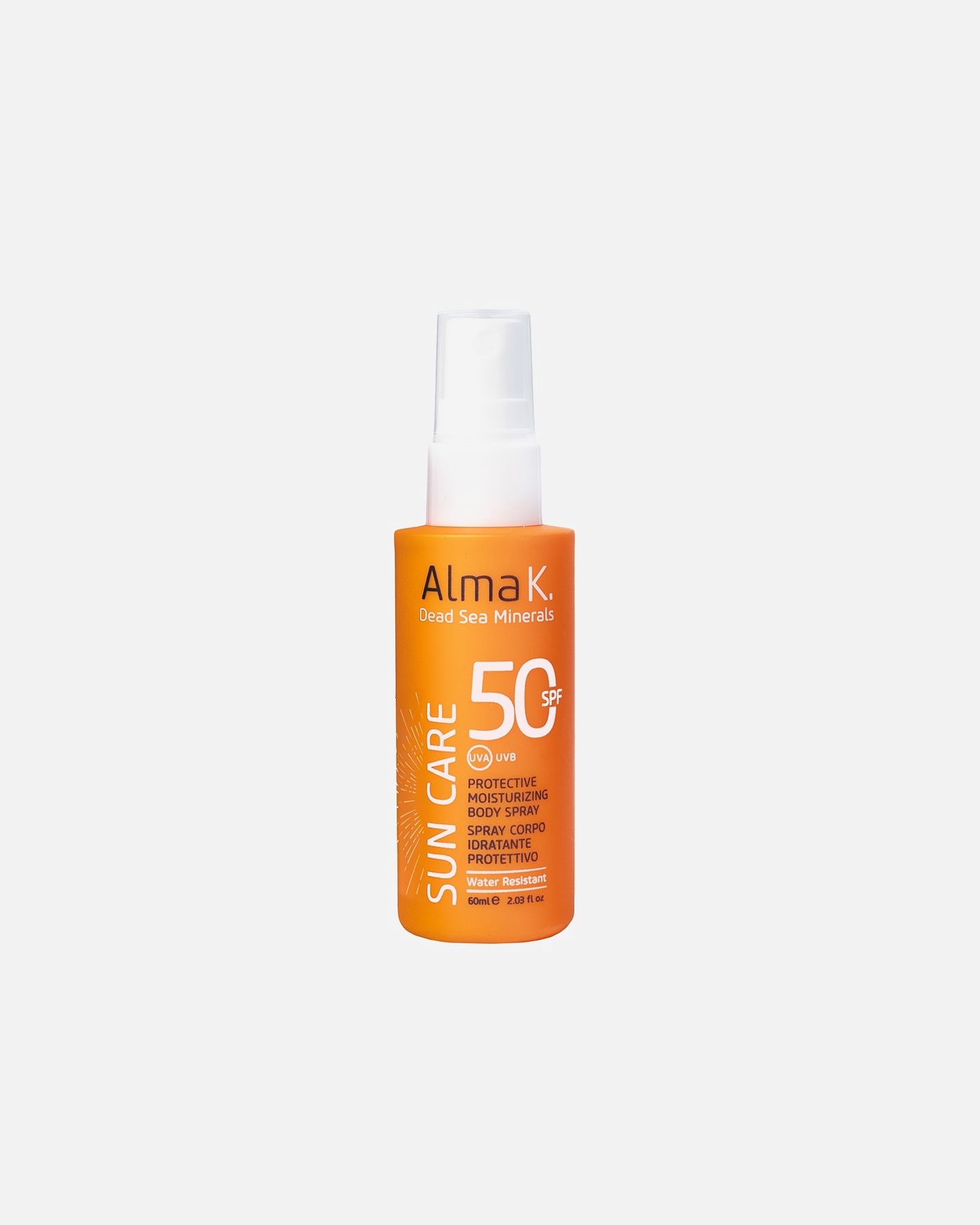 Sprej na opaľovanie pre Pre ženy Alma K Mini veľkosť - Ochranný hydratačný telový sprej SPF 50 60ml 60 ml