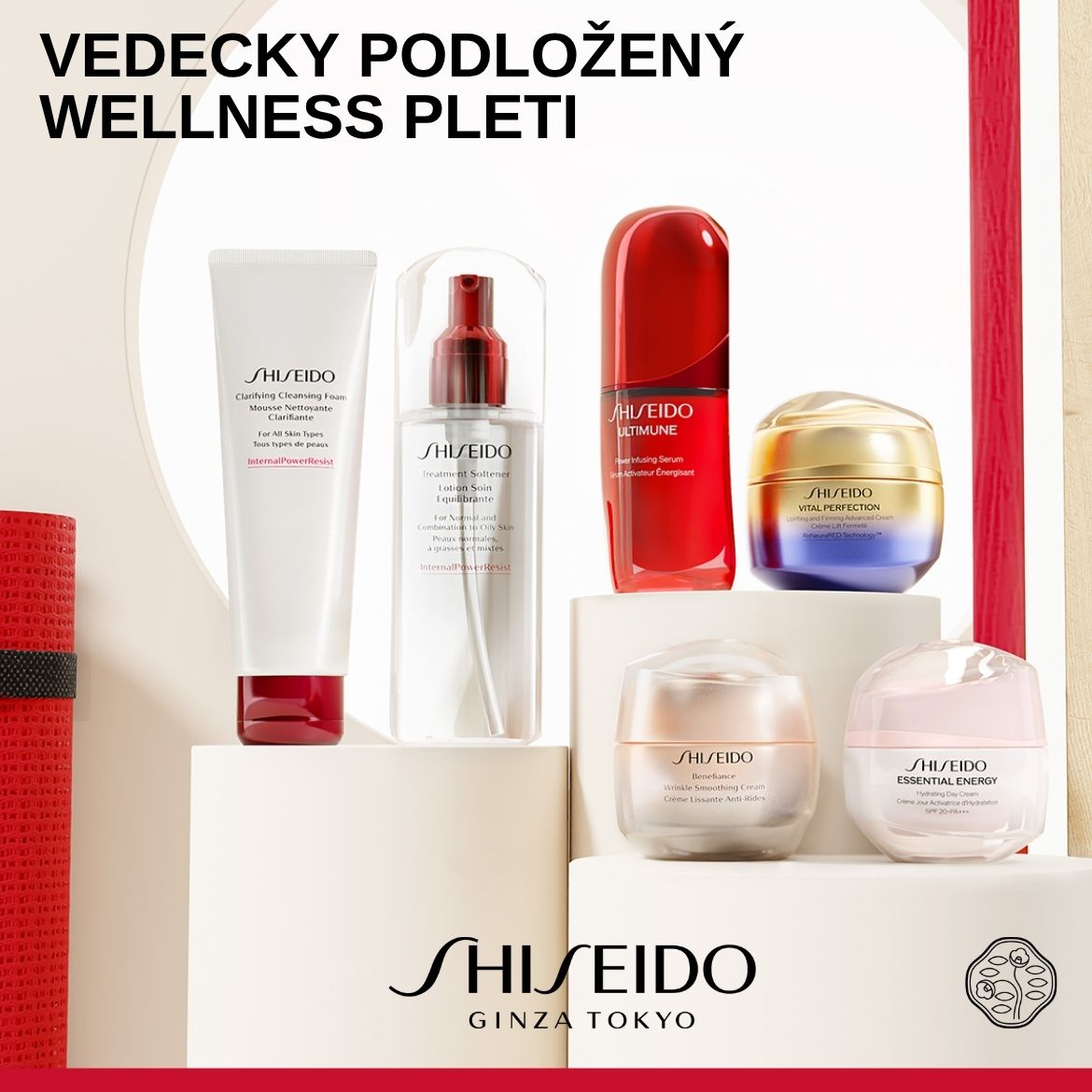 Kolekcia pleťovej kozmetiky Shiseido s nápisom Vedecky Podložený Wellness Pleti, obsahuje čistiace peny, séra a krémy v bielo-červených, červených, zlato-modrých a ružových obaloch.