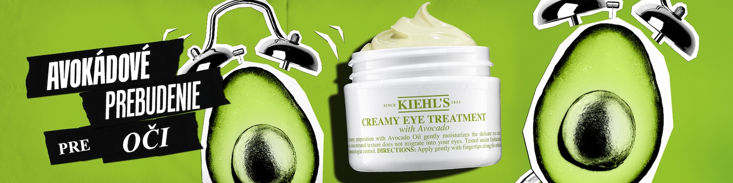 Zelené pozadie s avokádom a budíkom, ktoré symbolizujú svieže prebudenie pre vaše oči s Kiehl's Creamy Eye Treatment s avokádom.