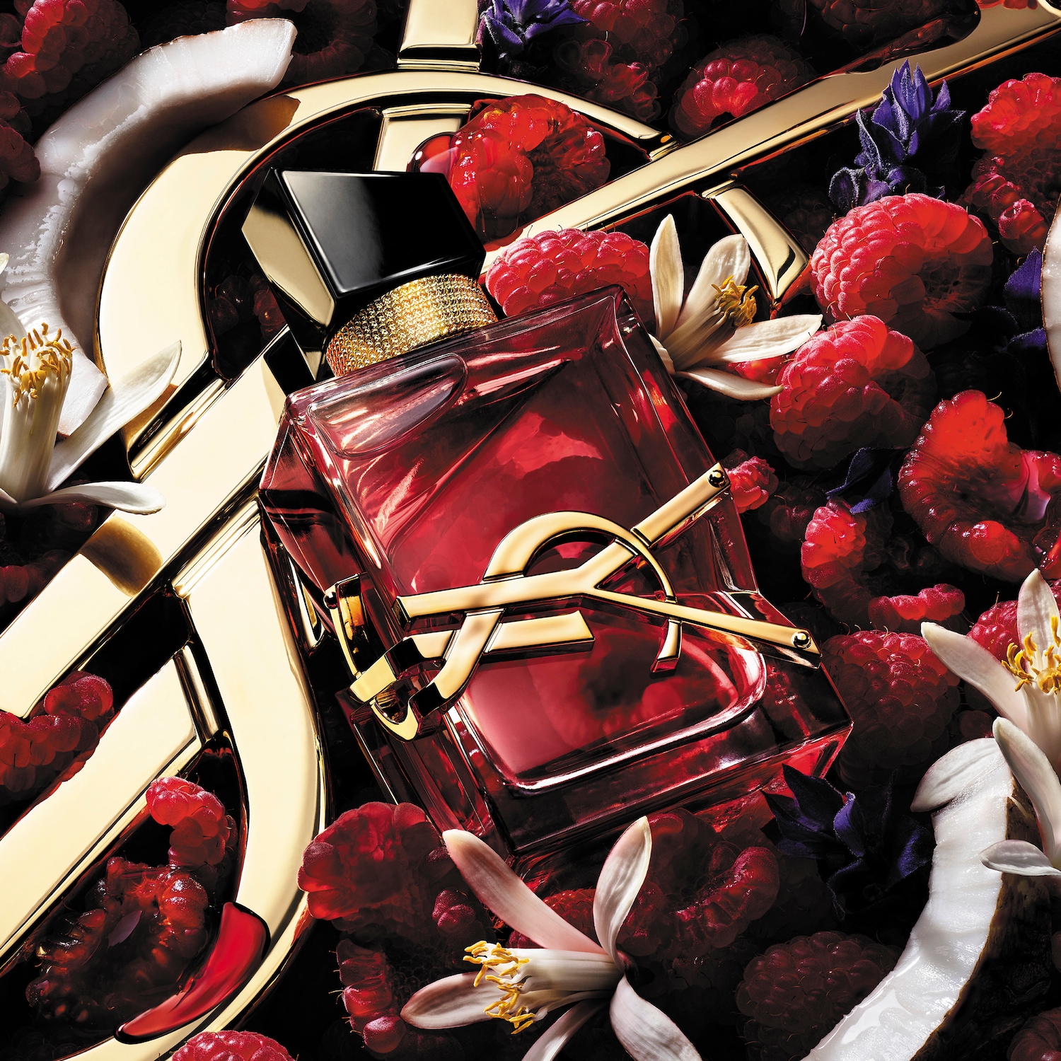 Červený flakón parfému s logom YSL v zlatej farbe, obklopený malinami, kokosom a bielymi kvetmi.
